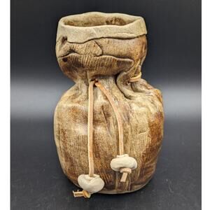 Pottery Vase Leather String Signed Hooker 98 Brown Paper Sack Hand Thrown Retro
